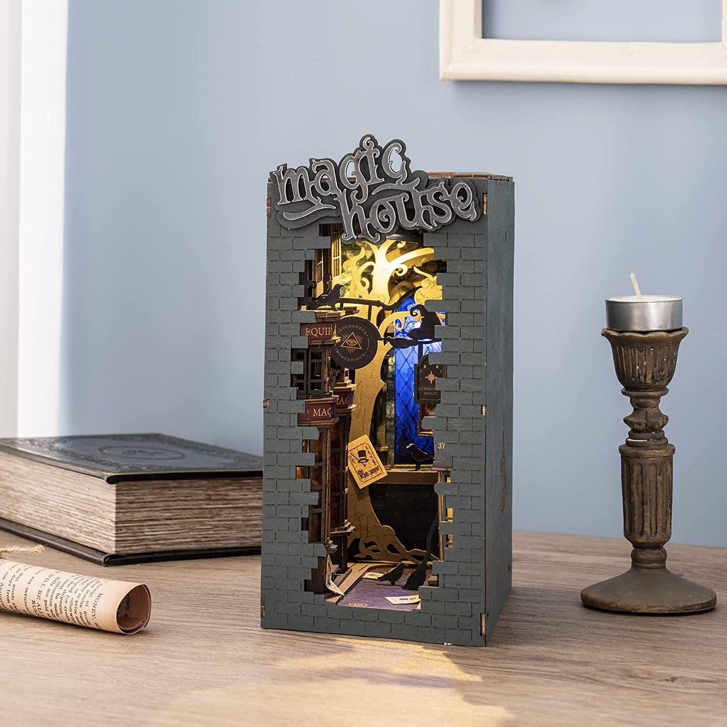 Sunshine Town – DIY Miniatur Bücherregal mit LED Licht | Kreatives Holz-Bauset für Erwachsene & Kinder