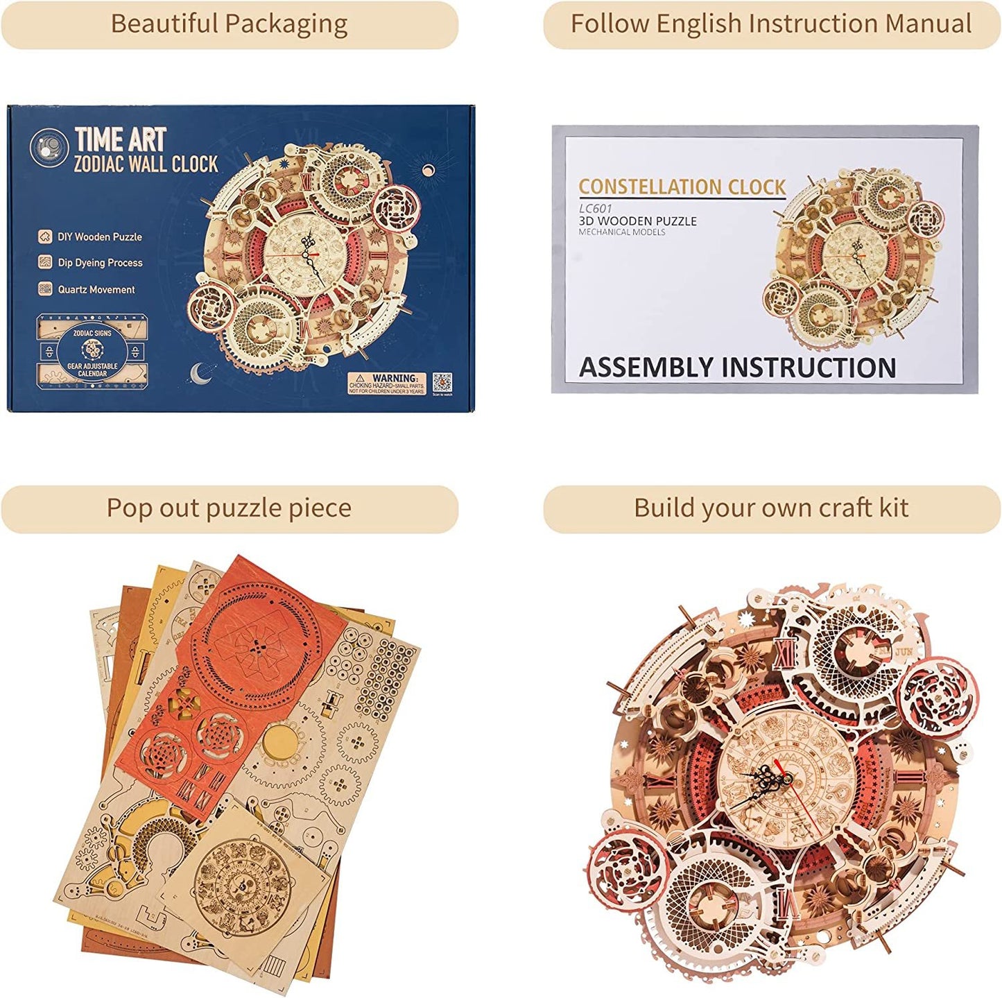 Zodiac Wall Clock 3D Wooden Puzzle - Model Kit for Kids & Adults