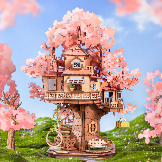 3D Kirschblüten-Baumhaus Holzpuzzle – 535 Teile DIY Set